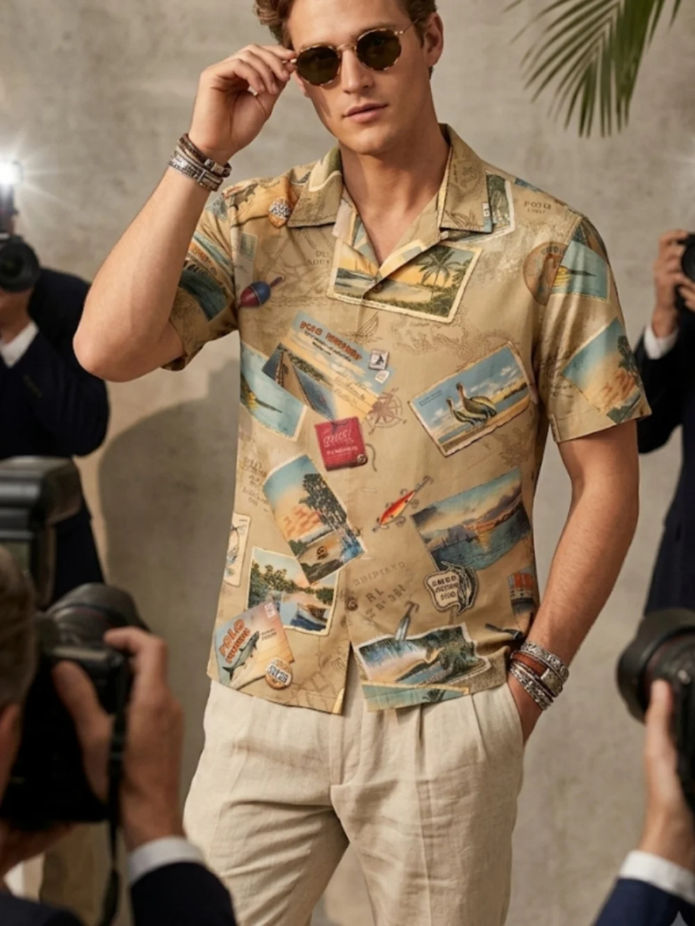 Polo by Ralph Lauren Tan Travel-Print Camp Shirt Size M